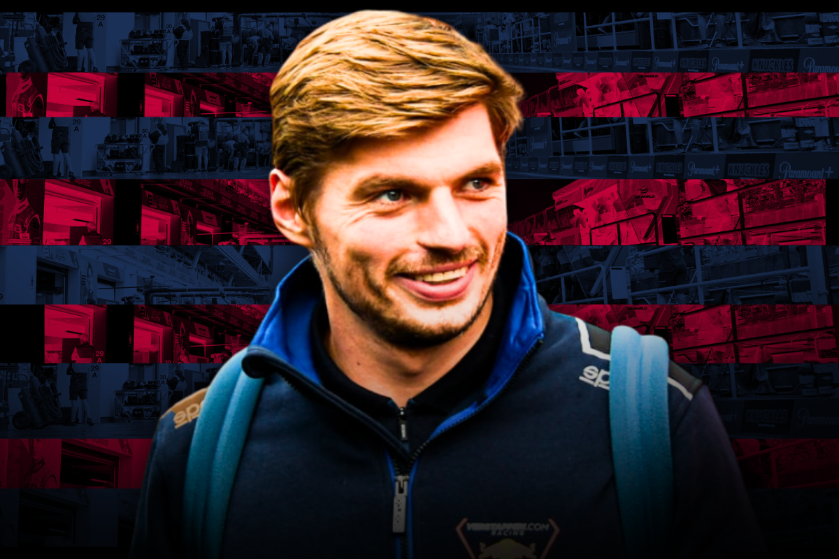Max Verstappen looking happy edited on a background of Barcelona colours