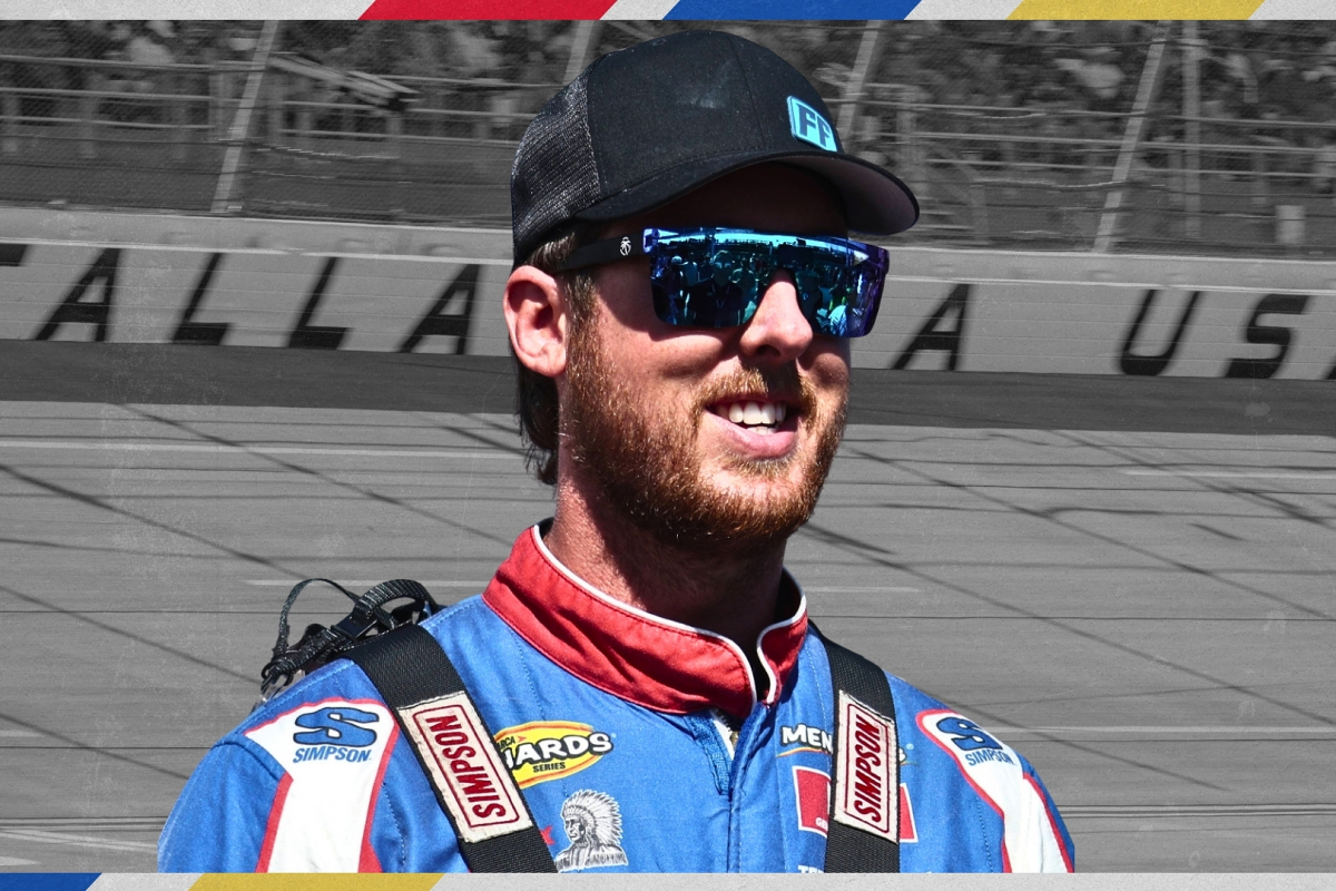 A composite image of NASCAR driver Cleetus McFarland smiling with Talladega Superspeedway behind him