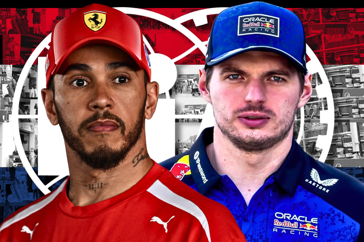 A composite image of F1 stars Lewis Hamilton and Max Verstappen in front of a Dutch flag and the FIA logo