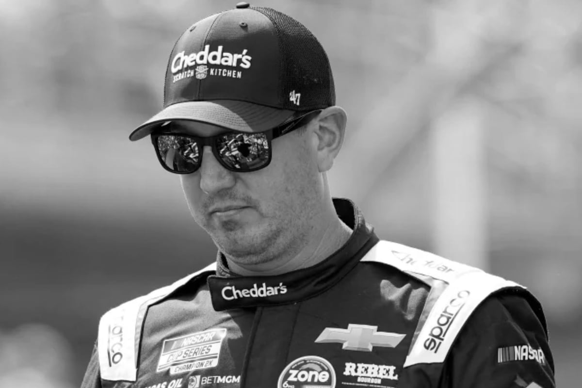 A black and white image of late NASCAR star Kyle Busch