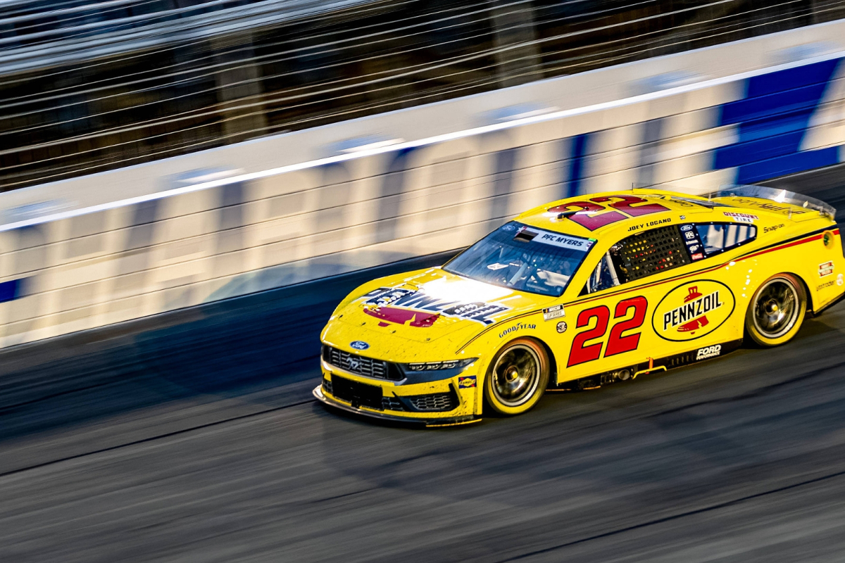 An image of NASCAR champion Joey Logano's No. 22 Ford at Charlotte Motor Speedway in 2025