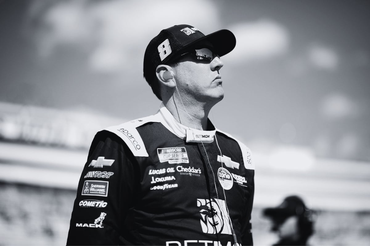 Black and white image of NASCAR legend Kyle Busch