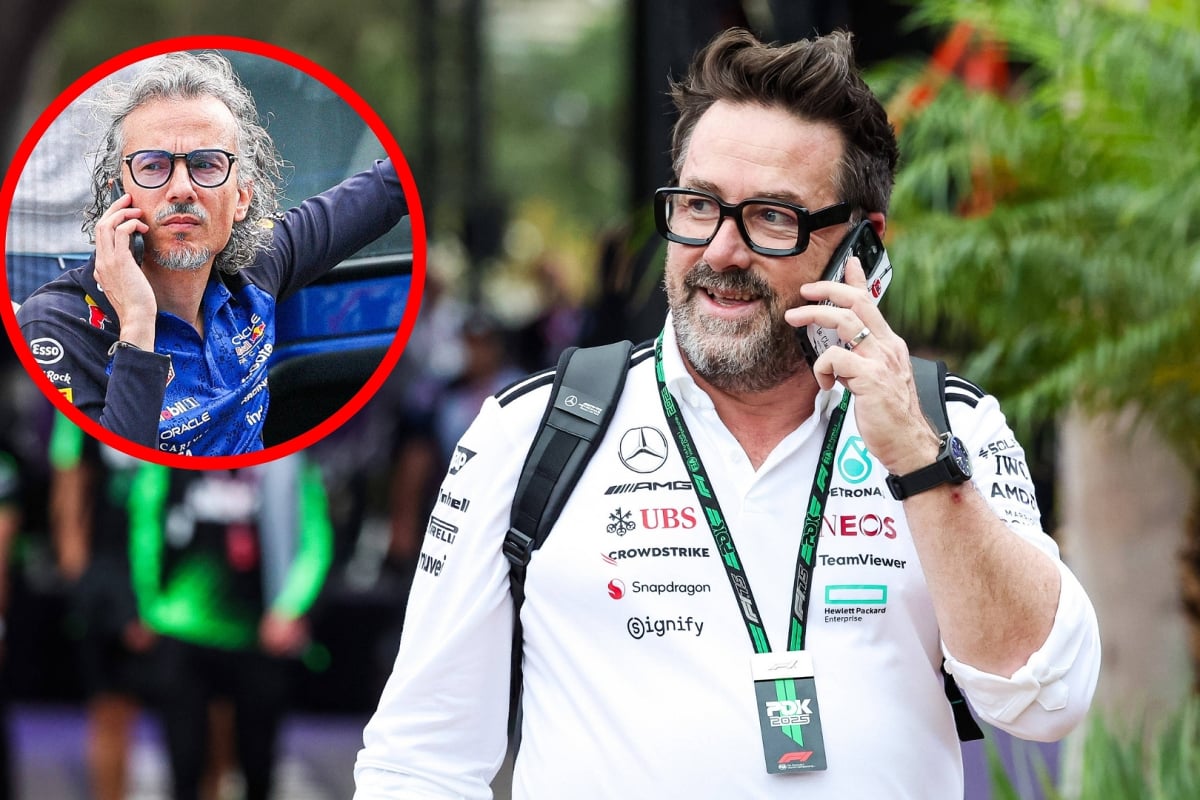Lagrue in white Mercedes shirt walking through paddock on the phone and smiling, to his left is circular inset image of Mekies on phone with a straight face