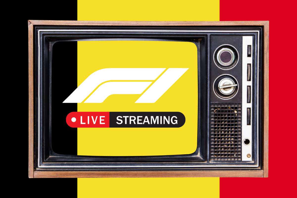 A graphic of an old TV set with the white F1 logo edited on top in front of a black, yellow and red Belgian flag background