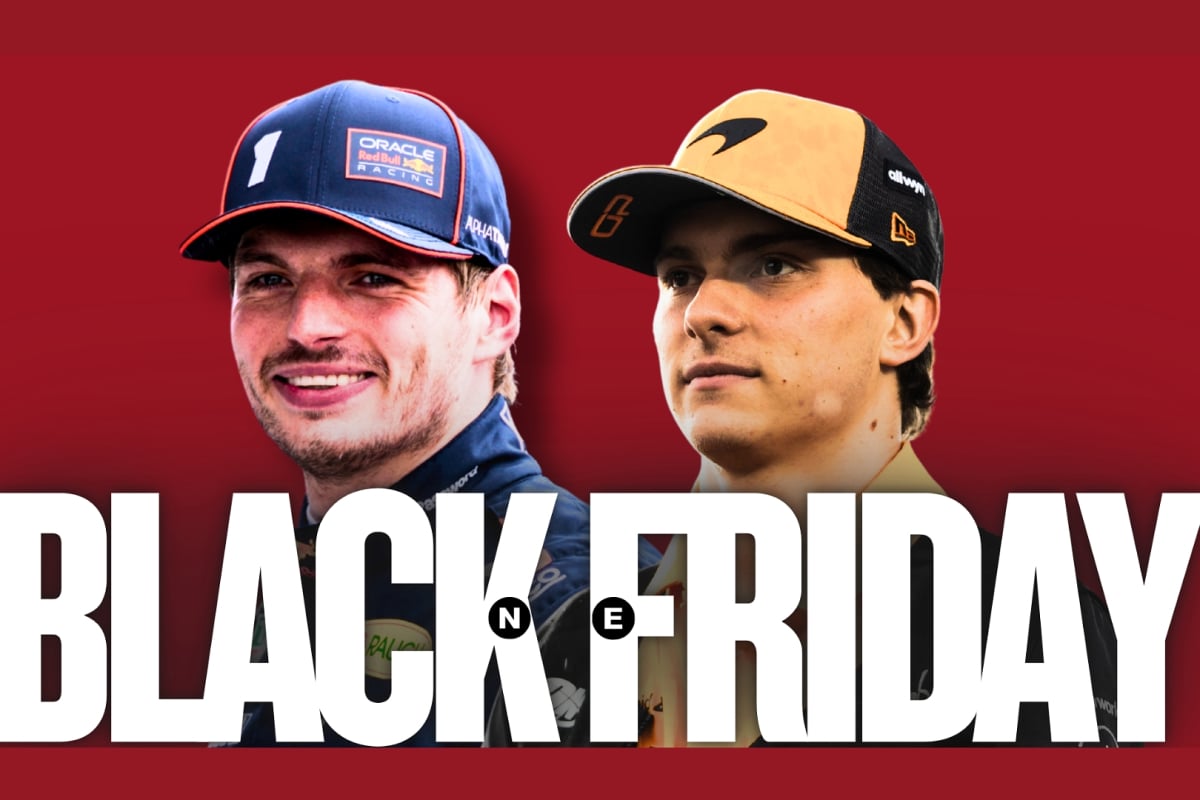 Verstappen and Piastri posing separately with red background and white 'black friday' banner
