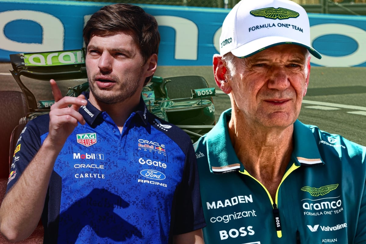 Verstappen in Red Bull tee looking concerned and pointing a finger in front of Stroll's Aston Martin F1 car on track and Newey on the right hand side in green