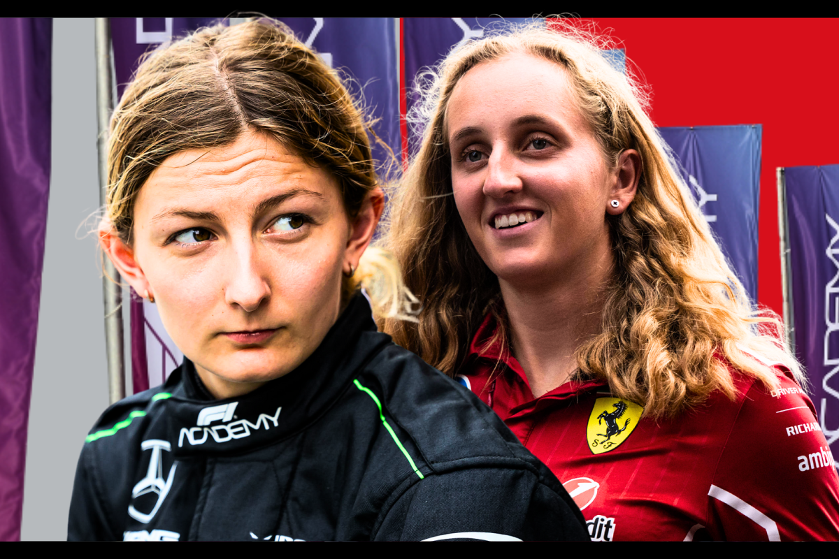 Edited image of Pin looking serious and Weug smiling in front of a background of purple F1 Academy flags