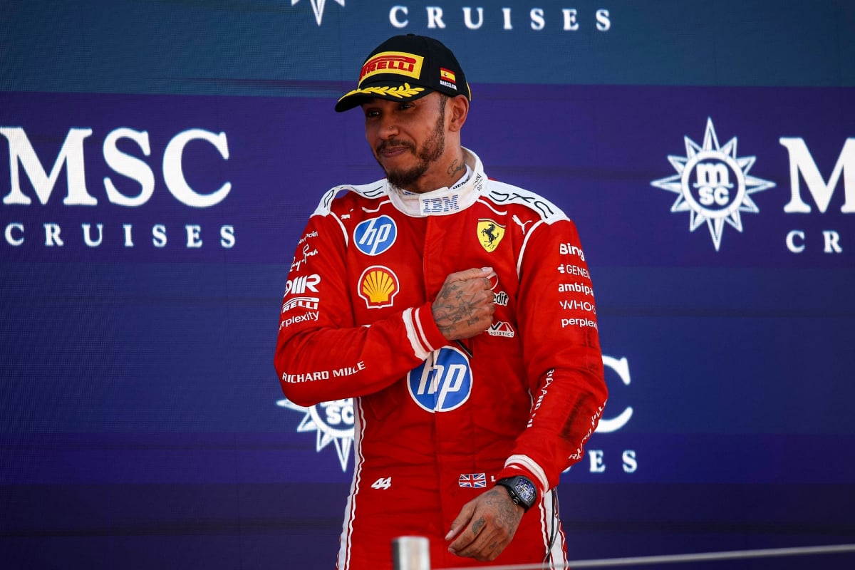 Lewis Hamilton celebrates at the Barcelona GP