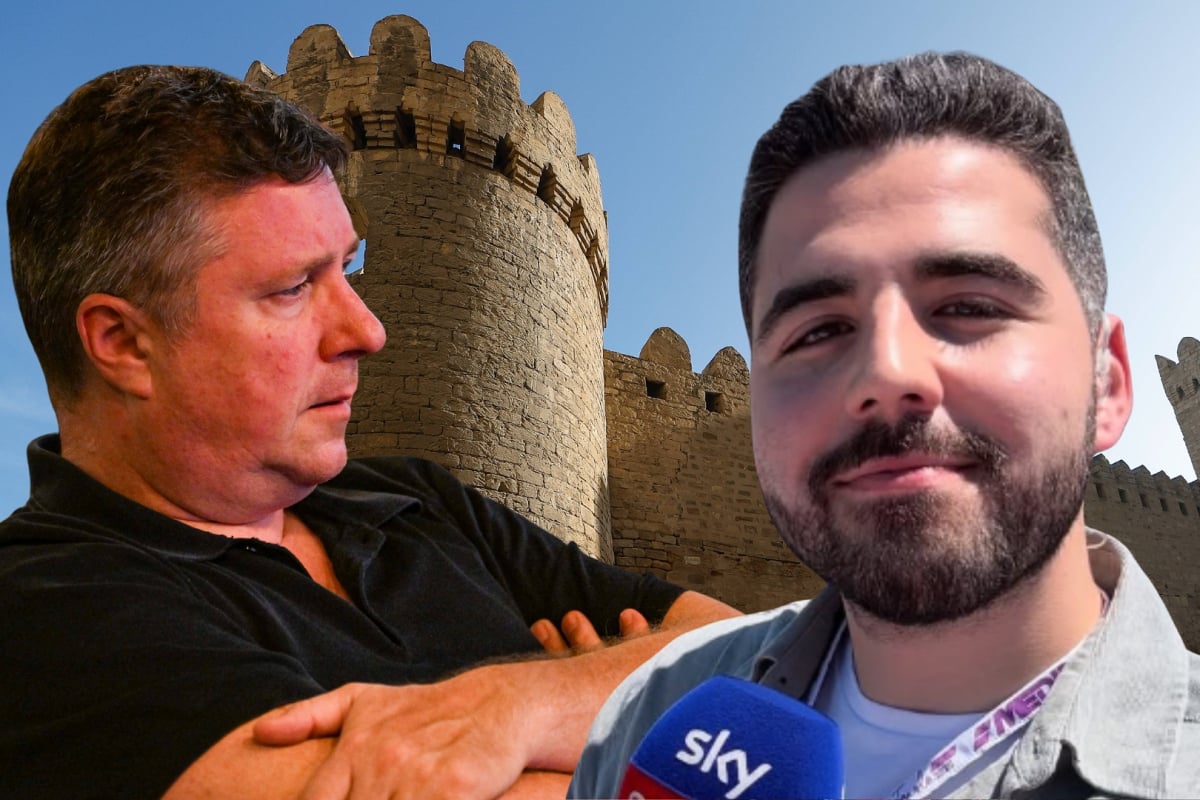 David Croft and Harry Benjamin in front of the famous castle at the Azerbaijan GP