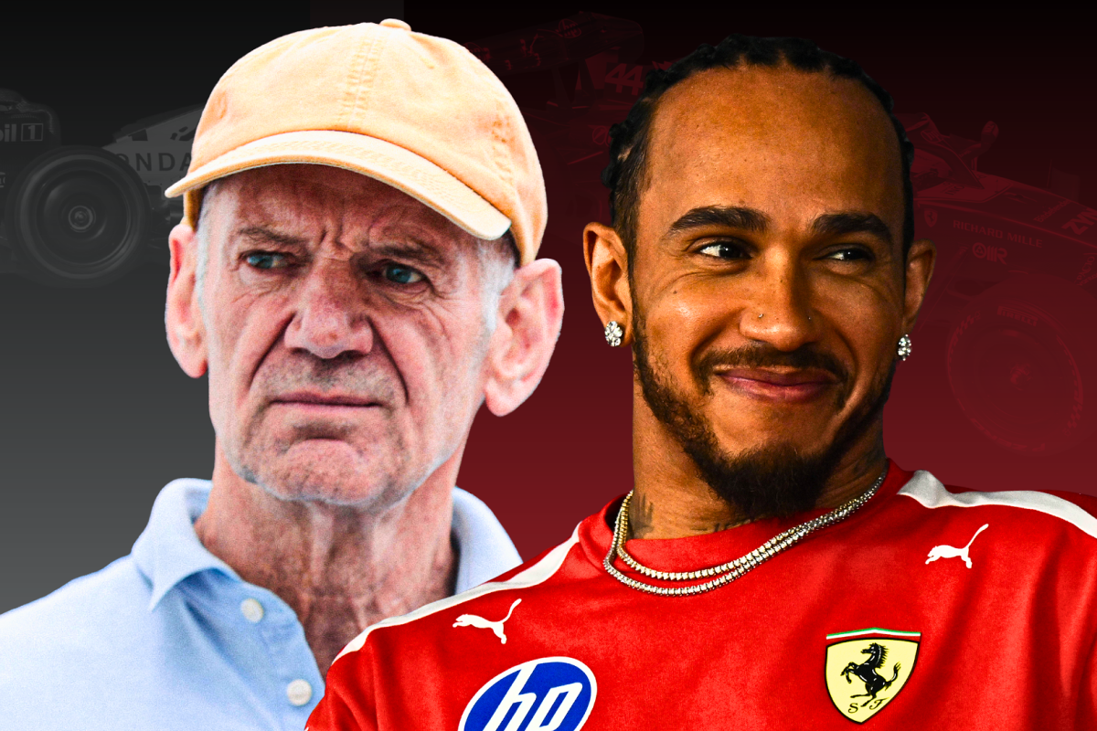 Newey looking annoyed with green Aston Martin background and Hamilton smiling with red Ferrari background