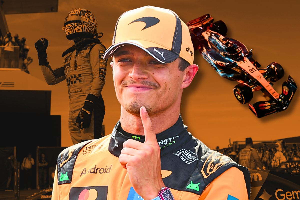 A happy looking Lando Norris is shown with a McLaren car in the background