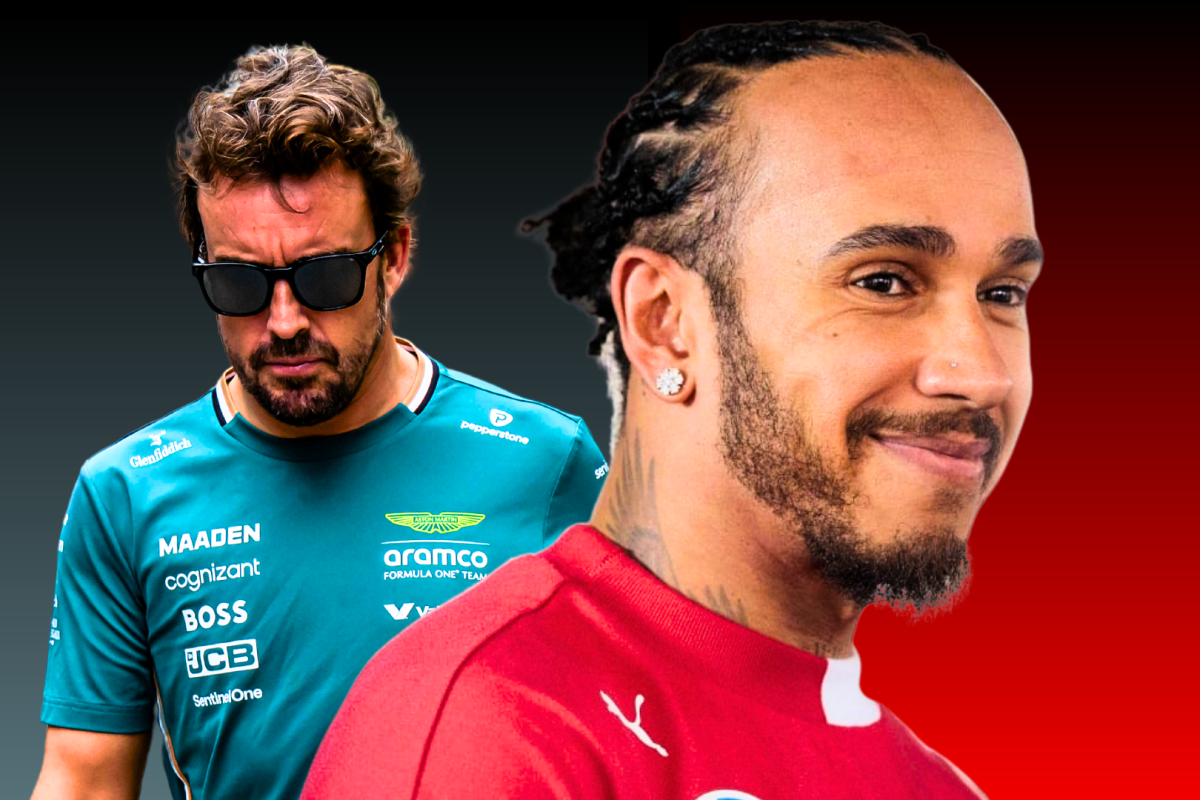 An edited image of a grumpy Alonso and a smiling Hamilton with a green and red ombre background