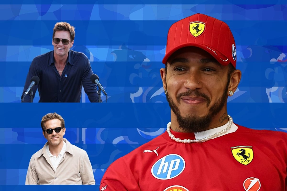 Lewis Hamilton looks over at Tom Brady and Ryan Reynolds in a graphic composite