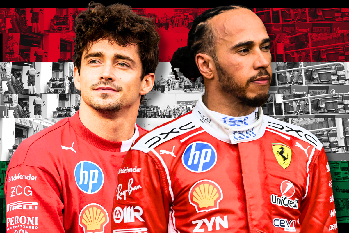 Leclerc smiling next to Hamilton with a straight face in front of red, white and green Hungarian-flag themed background