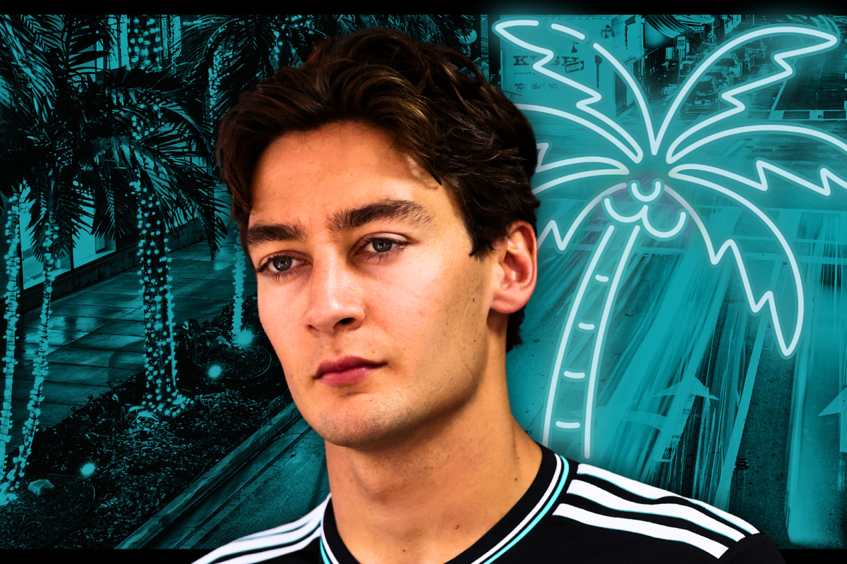 George Russell looking sad edited on a backdrop of a neon blue Miami palm tree 