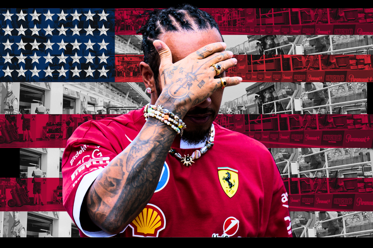 Lewis Hamilton shielding his eyes and looking sad, edited on a background of the US flag