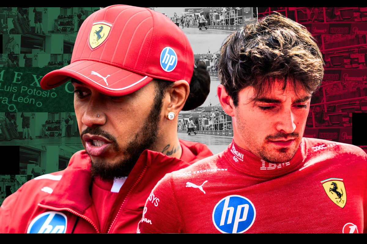 Hamilton and Leclerc in Ferrari kit with sad expressions in front of a Mexican flag-themed F1 background
