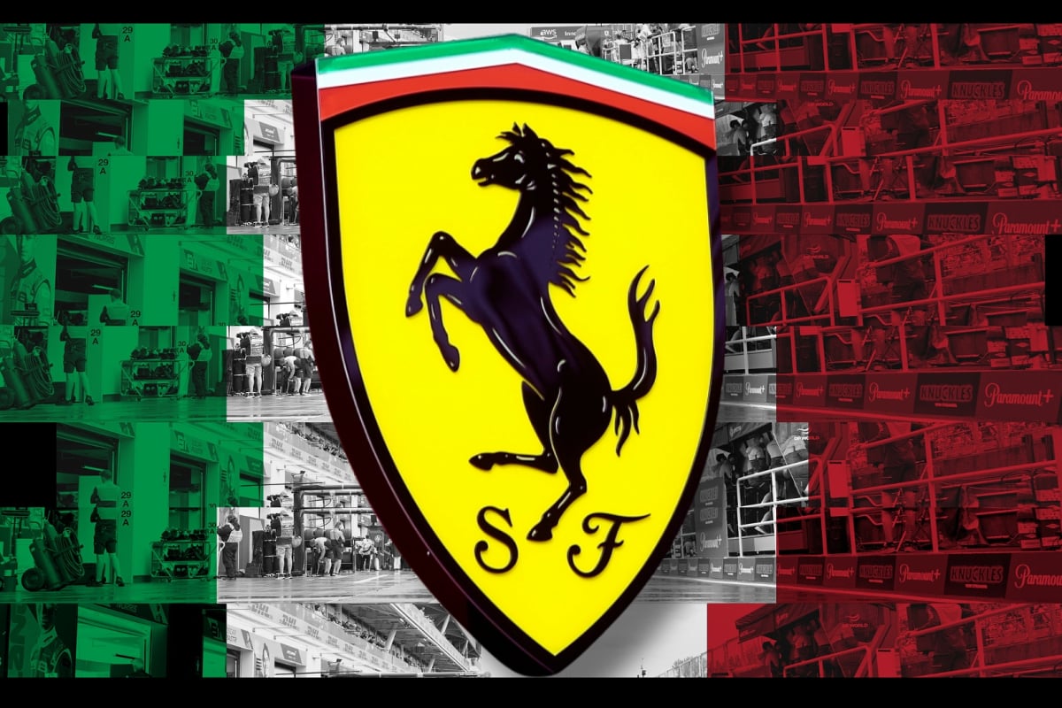 Italian flag-themed paddock background with the Ferrari logo in front