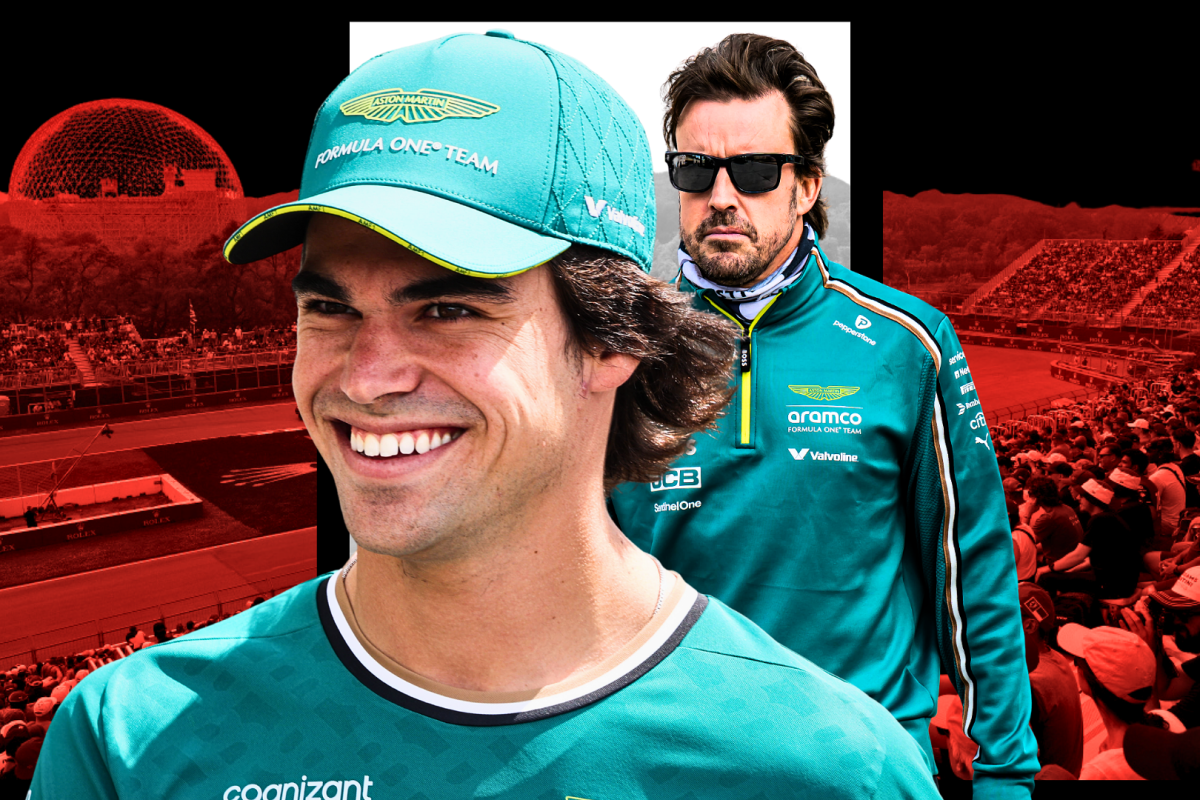 Stroll smiling, Alonso looking serious in black shades, both wearing Aston Martin green with red and white Canadian GP background