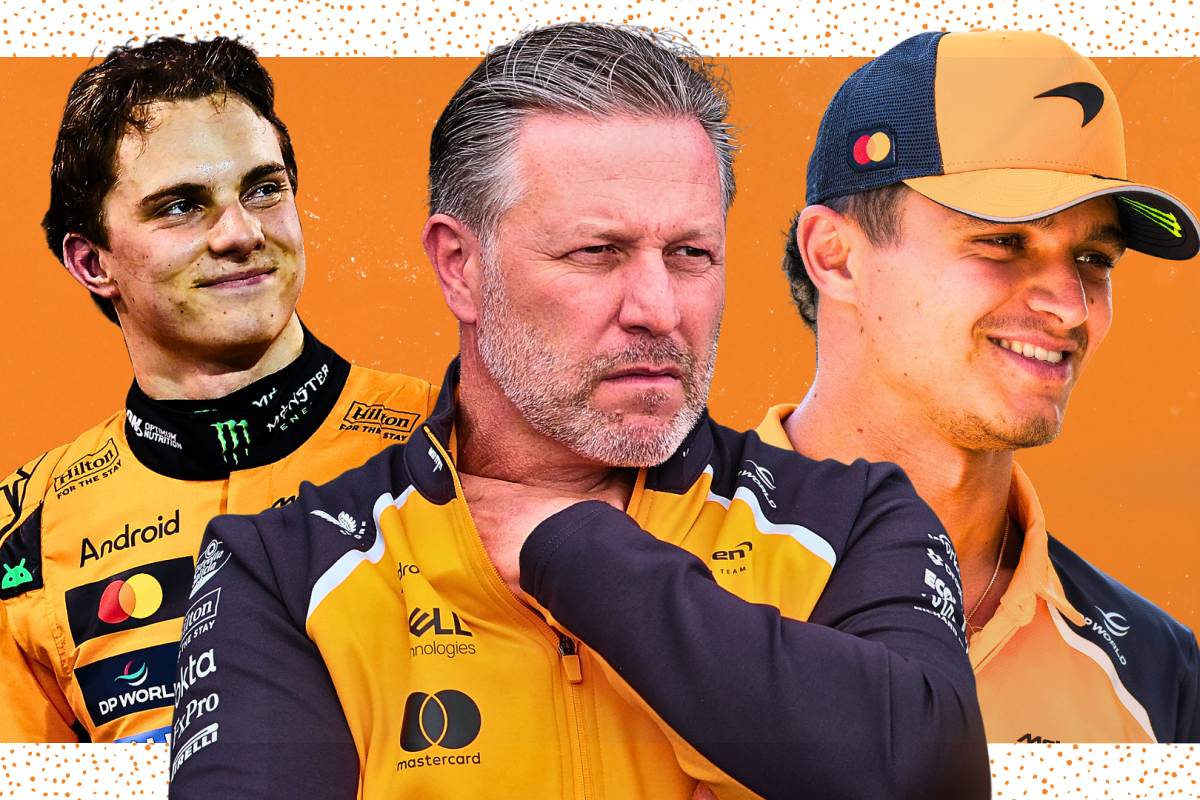 A straight faced Zak Brown is flanked by a smiling Oscar Piastri and Lando Norris
