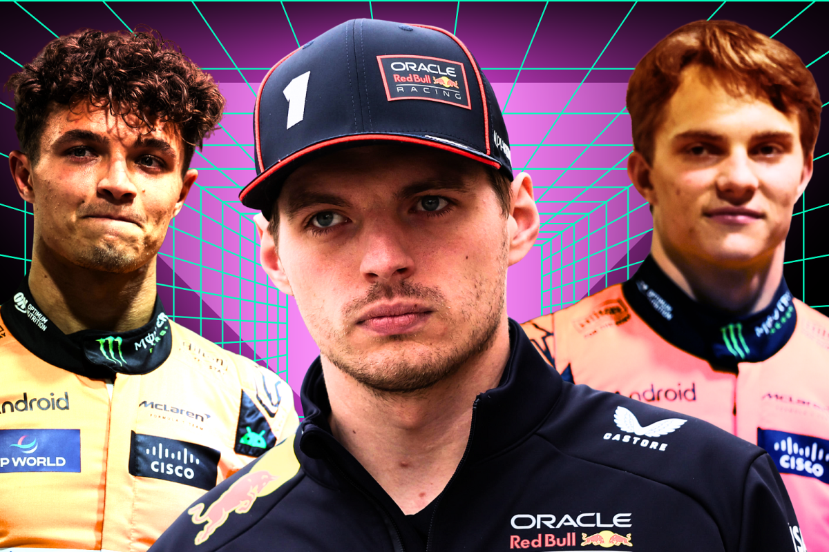 F1 title contenders Max Verstappen, Lando Norris and Oscar Piastri edited onto a vibrant geometric background