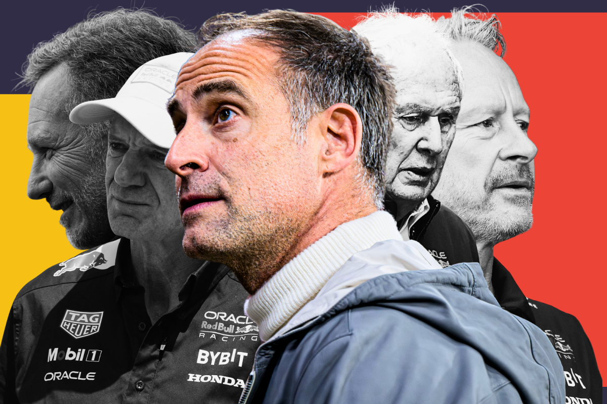 Horner, Newey, Marko and Wheatley in black and white with Mintzlaff in colour at the front looking intrigued