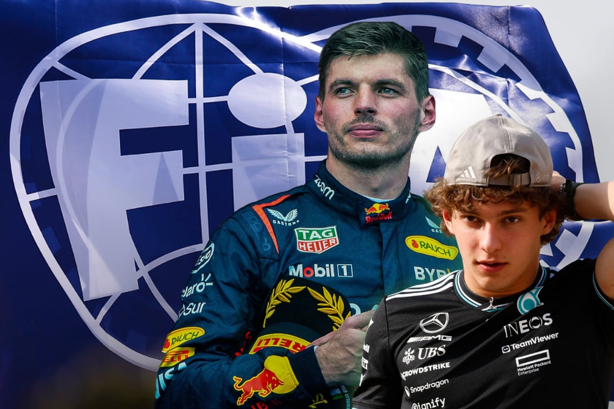 Max Verstappen and Kimi Antonelli in front of an FIA flag