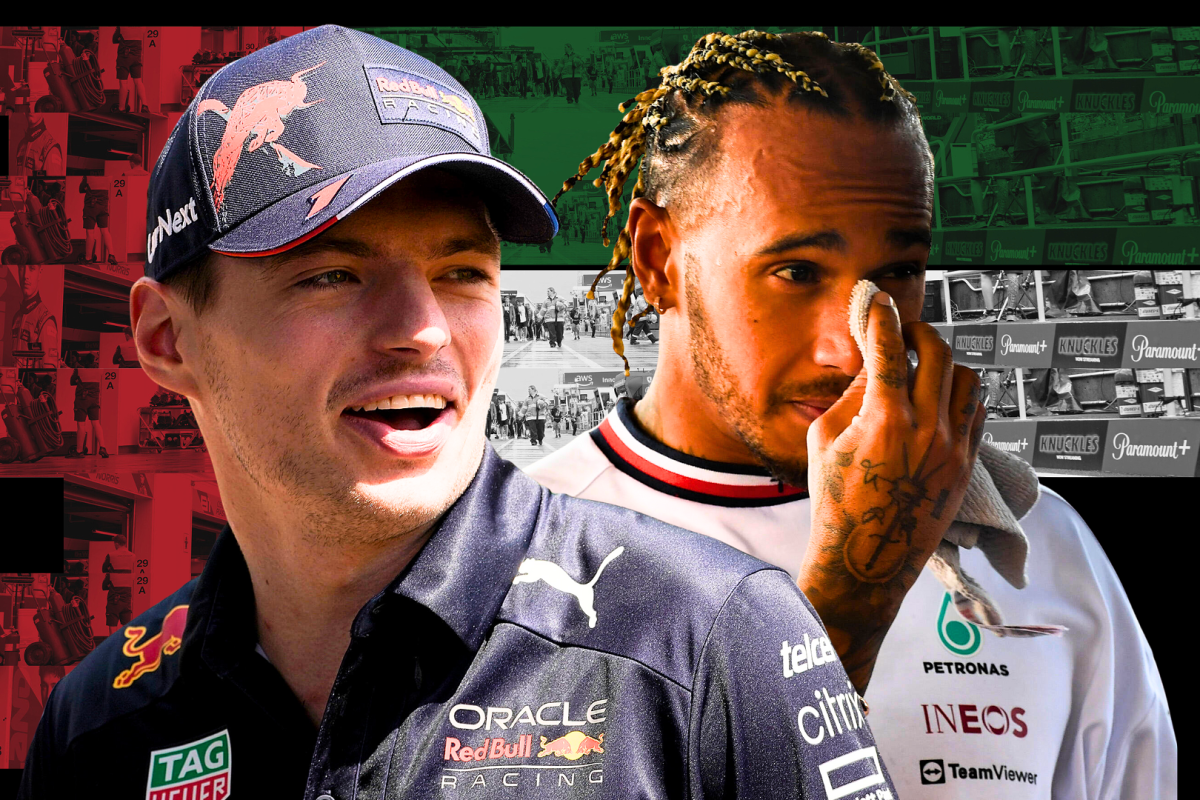 Max Verstappen and Lewis Hamilton look on in a composite with an Abu Dhabi flag behind them