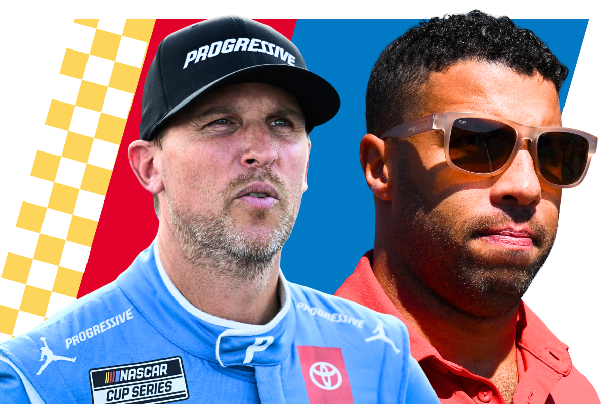 A composite image of 23XI driver Bubba Wallace and owner Denny Hamlin
