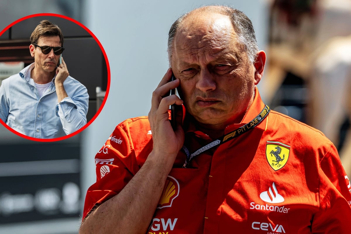 Vasseur in red Ferrari shirt looking annoyed holding phone to his ear with circular inset image of Wolff looking serious on the phone