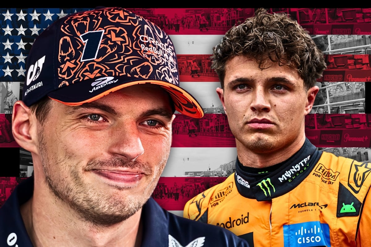 A composite image of Max Verstappen and Lando Norris with the US flag in the background