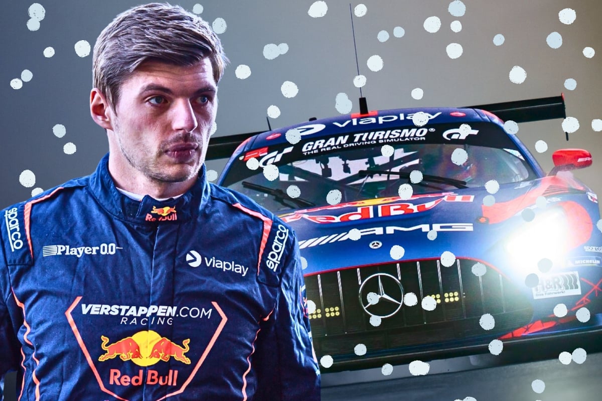Max Verstappen is pictured next to his Mercedes car with snowflakes edited in