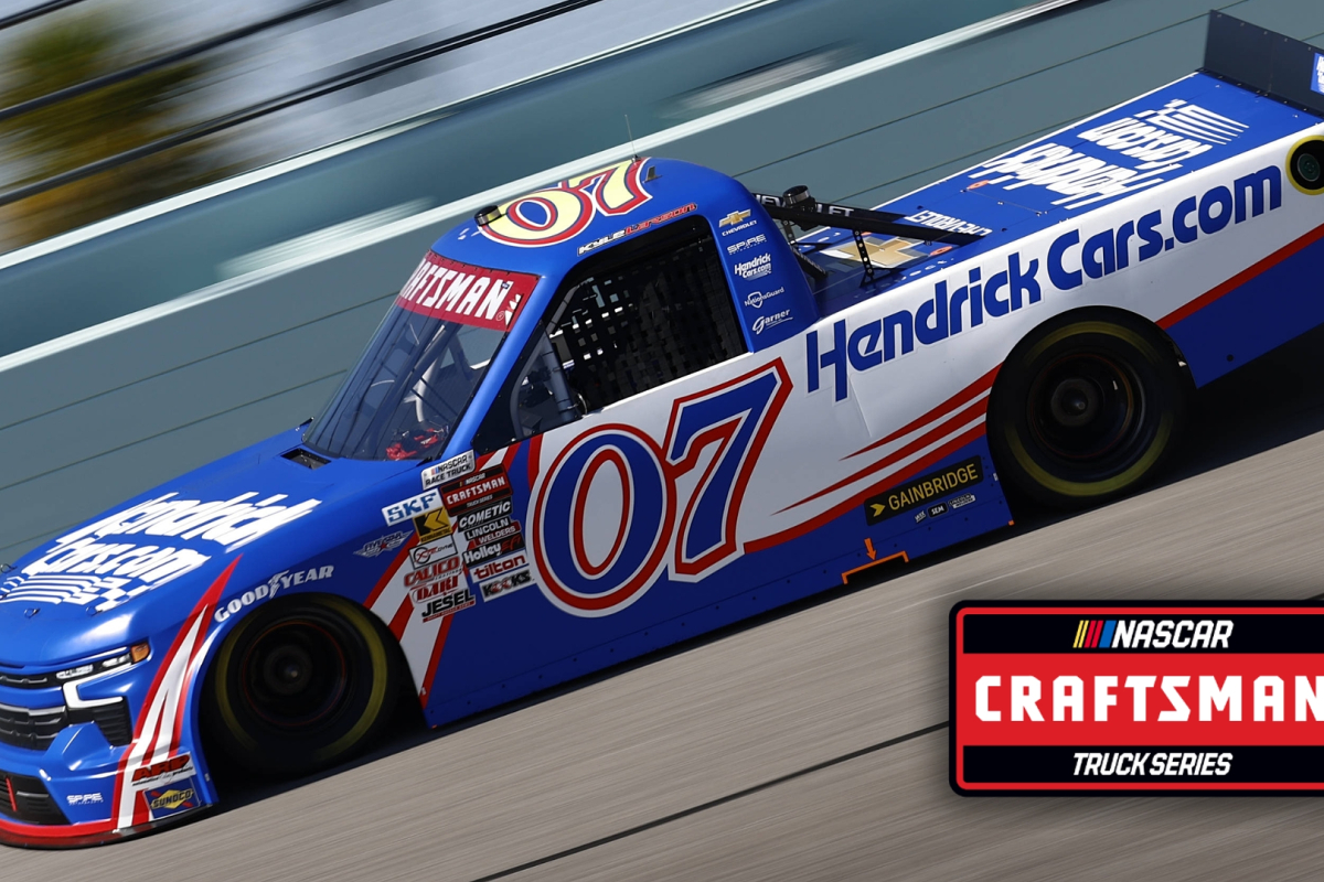 A composite image of Kyle Larson racing in the NASCAR Truck Series with a logo of the series added