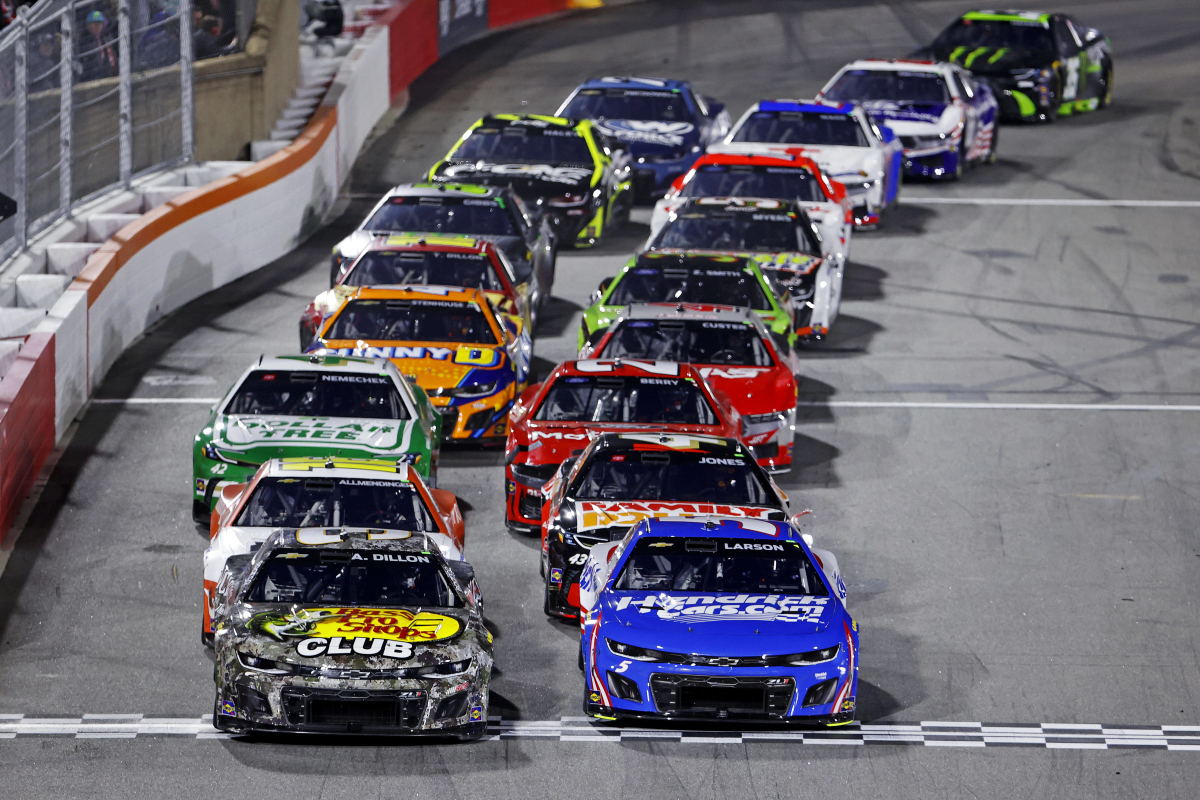 An image of the 2025 NASCAR Cup Series Clash at Bowman Gray Stadium mid-race
