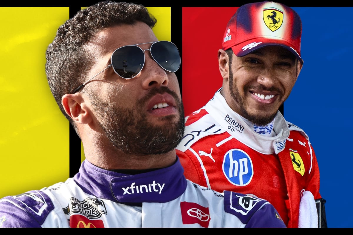 A composite image of NASCAR driver Bubba Wallace and F1 legend Lewis Hamilton