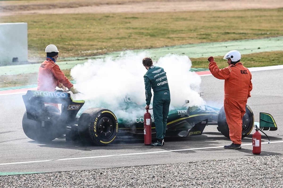 Aston Martin call time on Barcelona test after fire caused by "oil leak"