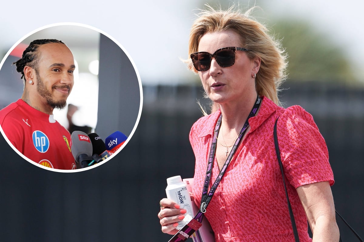 Rachel Brookes walks into the F1 paddock as Lewis Hamilton (inset) looks on