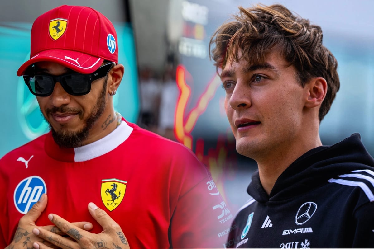 A blended image of Hamilton looking grateful in Ferrari kit and Russell looking surprised in a Mercedes hoodie