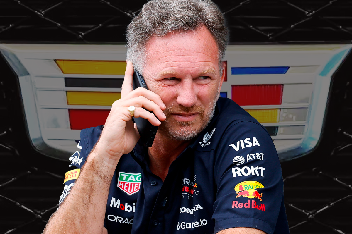 Christian Horner in front of Cadillac logo