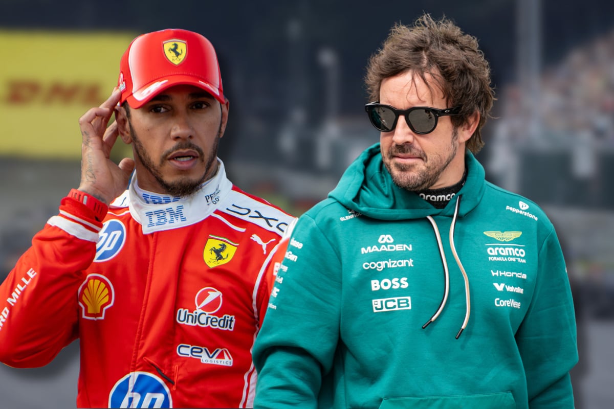 Fernando Alonso looks at Lewis Hamilton in a composite image