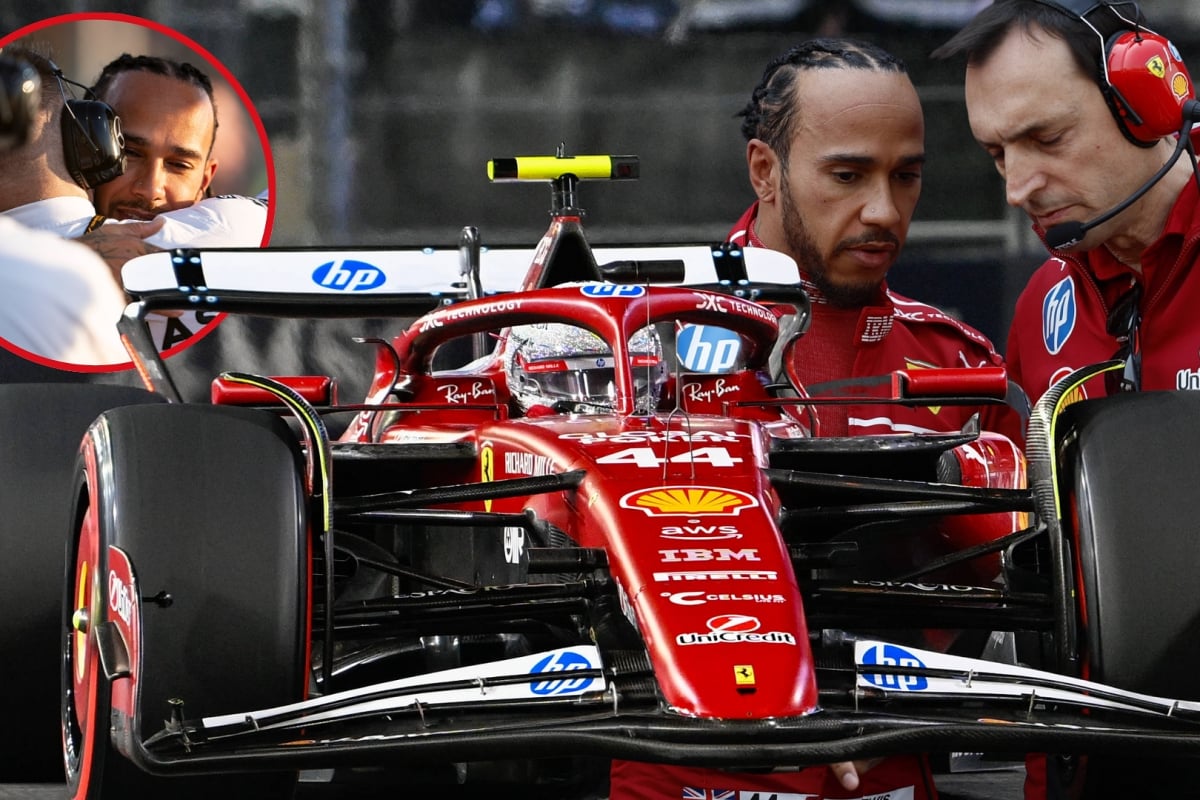 Lewis Hamilton drives his SF-25, flanked by a picture of him in talks with Adami on one side, and hugging Bono on the other