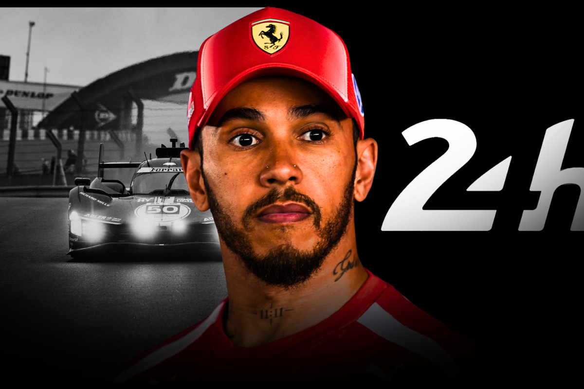 An edit of Lewis Hamilton on a black and white background of the 24 Hours of Le Mans track