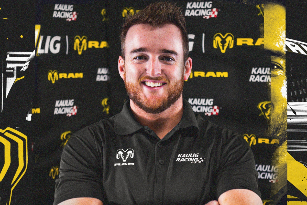 A graphic of NASCAR Cup Series driver in a Ram polo after signing up to the race for Kaulig Racing and Ram in the Truck Series