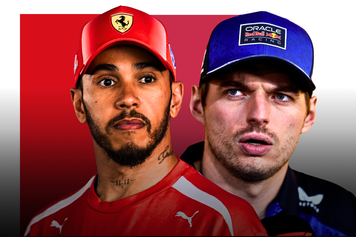 An edited of Lewis Hamilton and Max Verstappen side-by-side looking serious