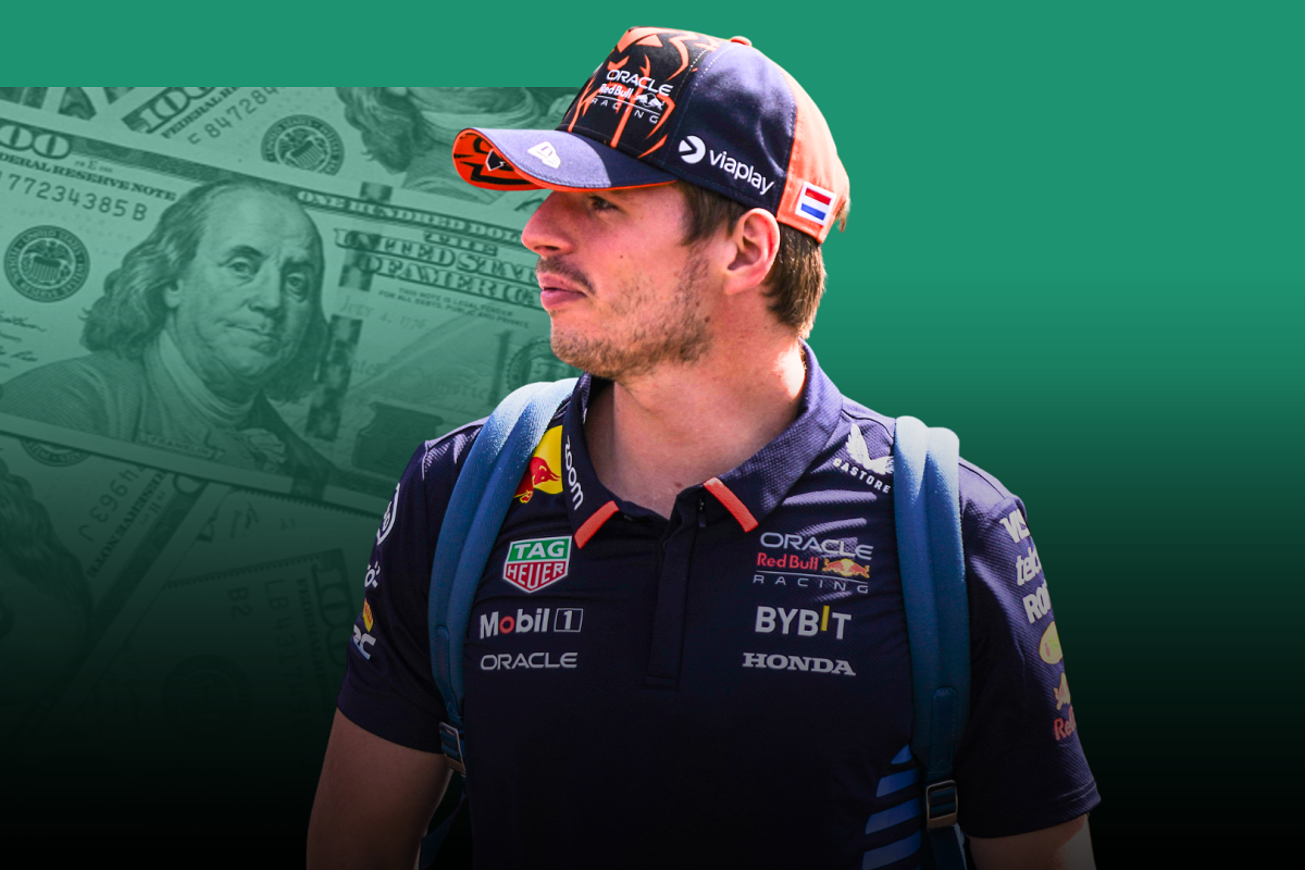 An edited image of Max Verstappen on a background of money