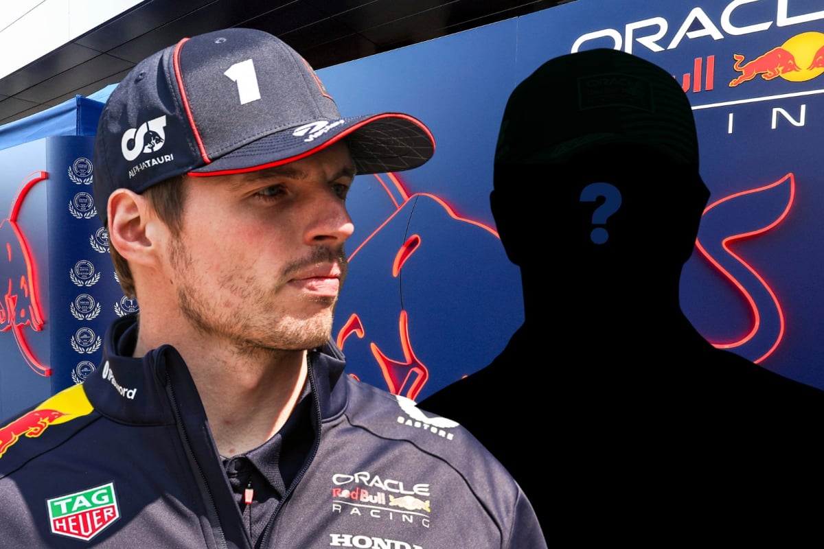 Verstappen looking on at a mystery driver shadow a question mark over his body in front of the Red Bull motorhome