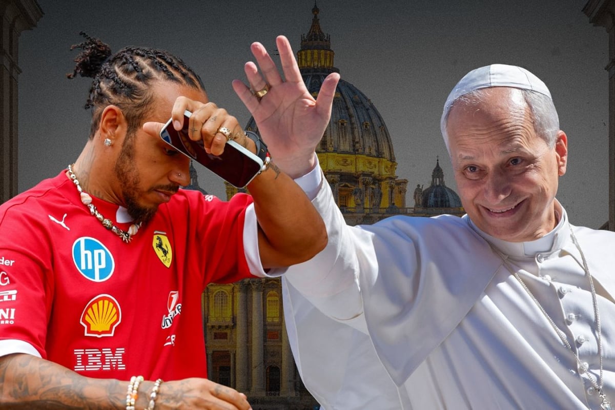 A curated image shows a dejected looking Lewis Hamilton next to the Pope