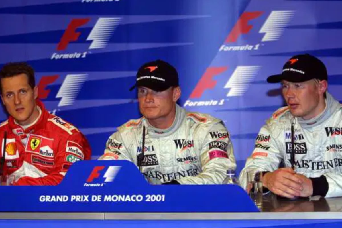 Schumacher, Coulthard and Hakkinen sat at 2001 Monaco press conference