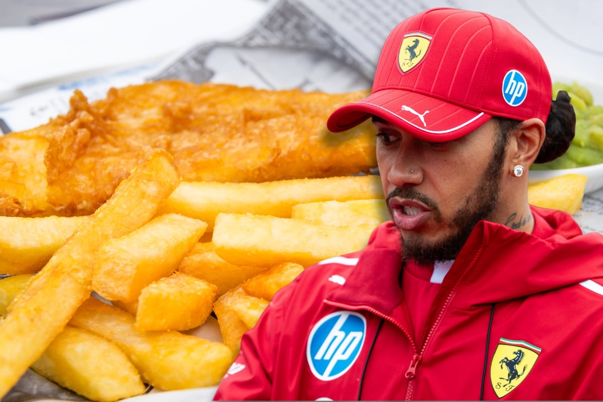 Lewis Hamilton looks over a plate of fish and chips in a composite