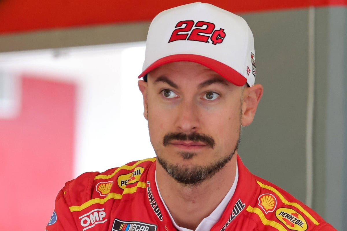 An image of Team Penske NASCAR driver Joey Logano in the garage